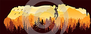 Silhouette of rock climber climbing overhang in cave. Forest and mountains in the background, birds. Magical misty landscape.