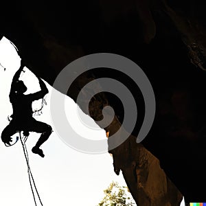 Silhouette of a rock climber on overhang