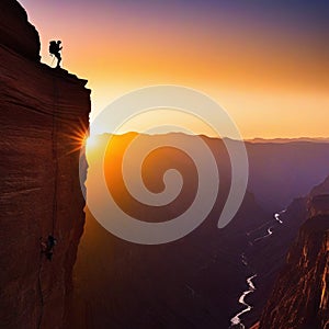 silhouette of a rock climber on a rock cliff with sunset