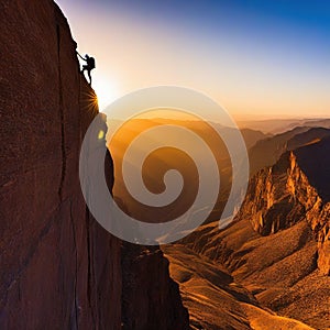 silhouette of a rock climber on a rock cliff with sunset