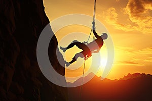 Silhouette of rock climber at sunset