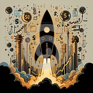 Silhouette of a Rocket Launching with Dollar Signs, Bar Graphs, and Arrows for Growth Hacking and Marketing photo