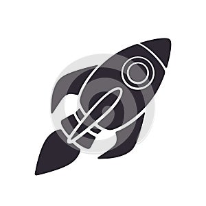 Silhouette of rocket space ship flying on white background