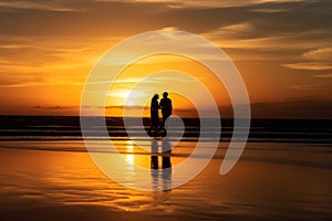 Silhouette of romantic couple admiring sunset together. Generate ai