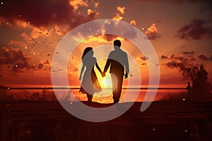 silhouette of romantic couple holding hands on the beach at sunset, Silhouette of a young love couple holding hands against a