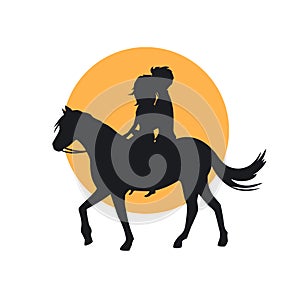 Silhouette of romantic couple in love riding horse