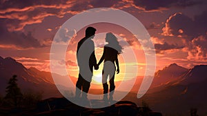 silhouette of a romantic couple in the mountains, family relationships and friendship between a man and a woman