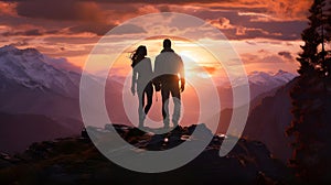 silhouette of a romantic couple in the mountains, family relationships and friendship between a man and a woman