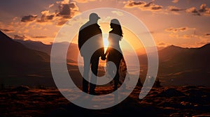 silhouette of a romantic couple in the mountains, family relationships and friendship between a man and a woman