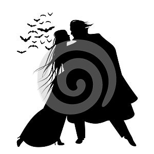 Silhouette of romantic and victorian couple dancing. Cloud of bats on the background.