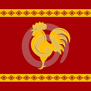 Silhouette of rooster in Slavic style in yellow and red colors