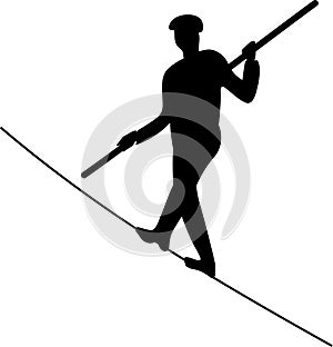 Silhouette of ropewalker on rope on white background.