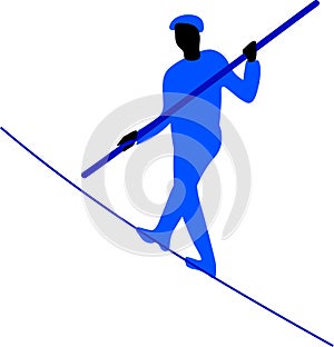 Silhouette of ropewalker on rope on white background.