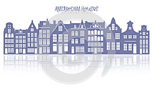 Silhouette of a row Amsterdam houses. Facades of European old buildings for Christmas decoration. Holland homes with