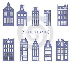 Silhouette of a row Amsterdam houses. Facades of European old buildings decoration. Holland homes. Vector set for laser