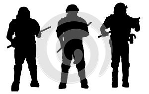 Silhouette of Row of Anti-Riot Special Police Squad Members in Full Gear with Batons