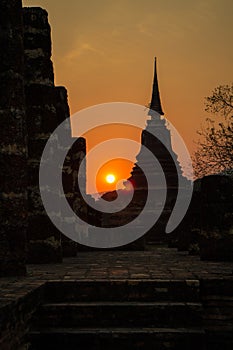 Silhouette of ruin pagoda at Sukhothai Historical Park