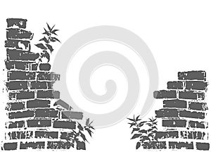 The silhouette of a ruined wall, broken brickwork, nettles growing. Vector object on isolated white background.