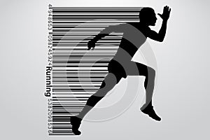 Silhouette of a running man and barcode.