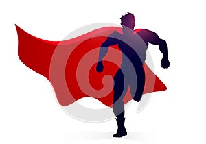 Silhouette Of Running Superhero With Red Cape