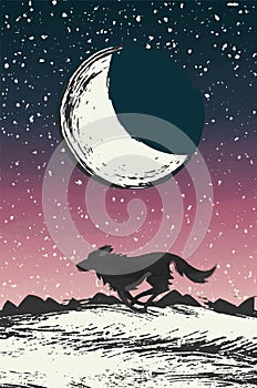 Silhouette of running wolf or dog. On a background big moon and a starry night sky