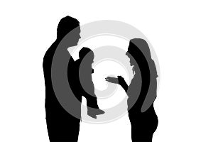 Silhouette of sad man and woman in a quarrel against, isolated on a w