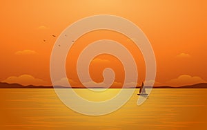 Silhouette sailboat in flat icon design and sunset sky background