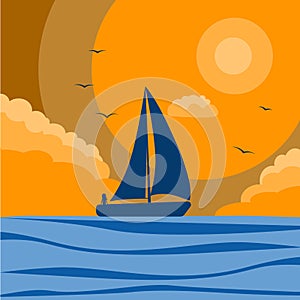 silhouette of a sailboat at sunset, vector illustration, sailing boat sailing in the ocean, silhouette of the sea and ship, girl
