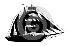Silhouette of a sailing ship.