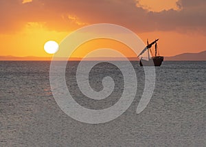 Silhouette of Sailing Ship in the Ocean at Sunset Time.Adventure Concept