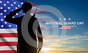 Silhouette of saluting soldier with USA flag on a background the sunset or the sunrise