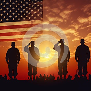 Silhouette of saluting USA soldiers holding flag against sunset background.Generative AI