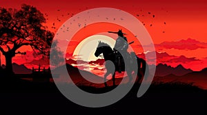 Silhouette of samurai riding horse at sunset