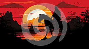 Silhouette of samurai riding horse at sunset