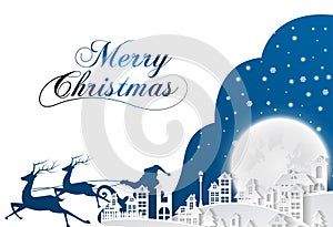 Silhouette with Santa Claus and bag full of gifts on winter background. Cartoon scene.lettering of Merry Christmas.