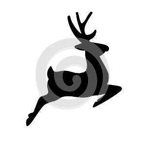 Silhouette of Santa on a sleigh flying with deer and throwing gifts on a white.