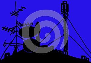 Silhouette satellite dish antenna and roof transmitter photo