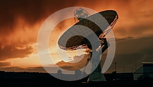 Silhouette of satellite dish receives global communications, sending data worldwide generated by AI