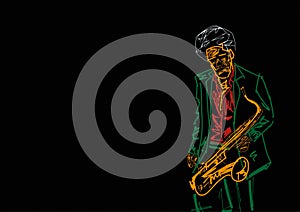 Silhouette of saxophone player on black background.