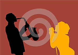 Silhouette of saxophone player and songstress.