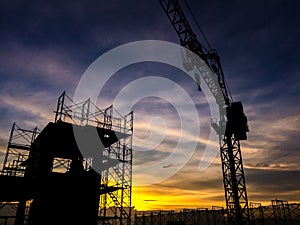 Silhouette of scaffolding in the construction site