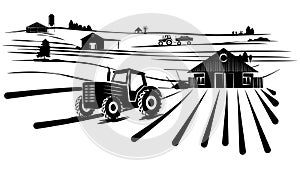 Silhouette scene from farm life with fields with tractors, barns and houses isolated on white background. Rural clipart