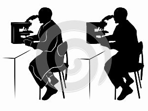 Silhouette of a scientist with microscope , vector draw