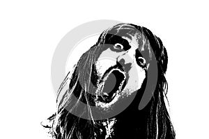 Silhouette of a screaming man`s face with very long hair and black eyes