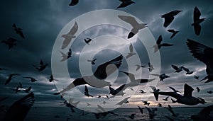 Silhouette seagulls spread wings in tranquil twilight coastline generated by AI