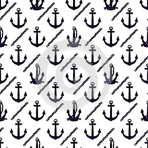 Silhouette seamless pattern of anchors with iron chain. Vector black doodle sketch illustration on white background.