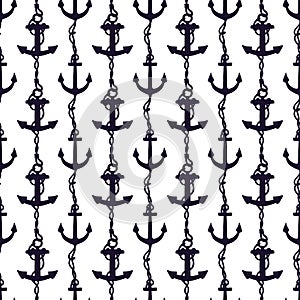 Silhouette seamless pattern of anchors with rope. Vector black doodle sketch illustration on white background.