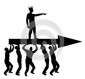 Silhouette of a selfish man with a crown on his head indicates to people who carry him, where to move
