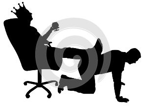 Silhouette of a selfish man with a crown on his head sitting in an armchair, threw back his legs on the man`s back