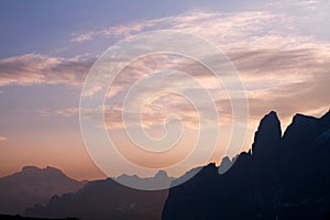 Silhouette of the Sella and Dolomites during Sundown in SÃÂ¼dtirol, ALlo Adige photo